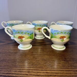 VTG Sangostone 3645 Cottagecore Coffee Tea Cups Footed 8 oz Mugs Farm Set of 5